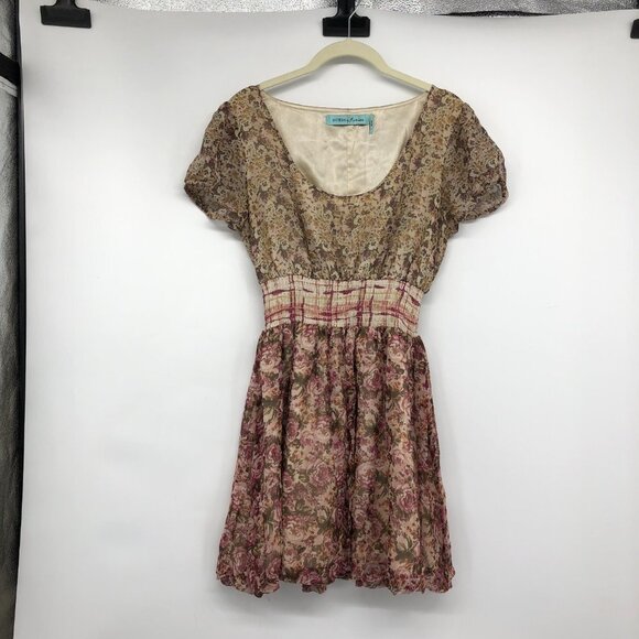 Guess by Marciano Sepia 100% Silk Floral A-line Short Sleeve Mini Dress S - Picture 15 of 16